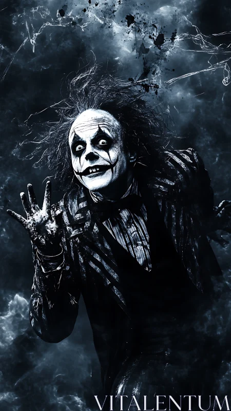 Monochrome costumed figure poses against textured smoke field