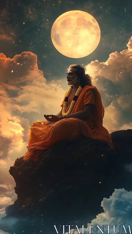 Moonlit mountain sage adrift in clouds and cosmic hush.