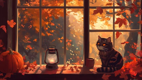 Velvet Whiskers Guard Autumn's Glowing Gateway.