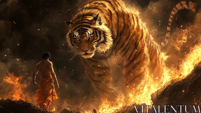 Tiger made of fire towers over man in burning landscape