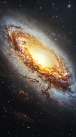 Luminous barred spiral galaxy core with dense dust lanes rendered.