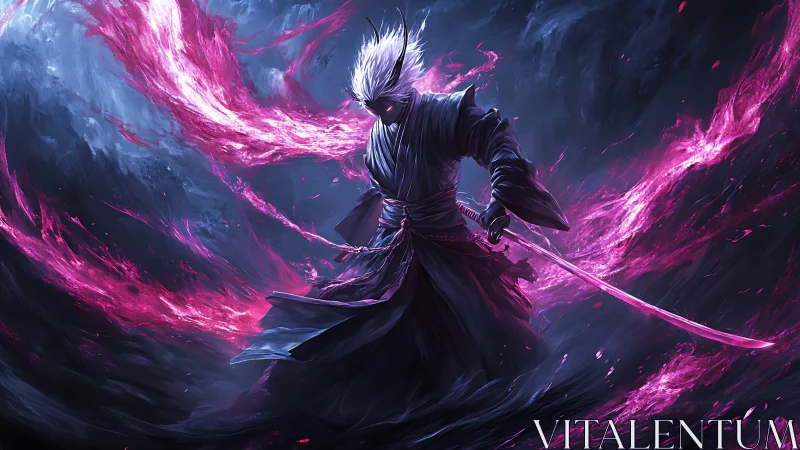Solitary swordsman with pink energy in dark environment.