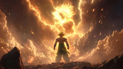 Mythic warrior confronting fiery celestial energy storm.