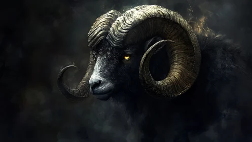 Horned black ram portrait in moody low key digital painting