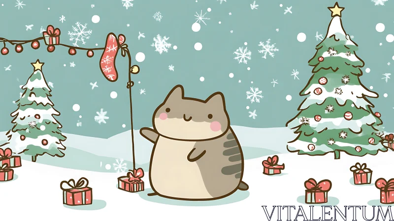 Cute cartoon cat celebrates Christmas among snowy trees