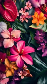 Tropical flowers arrangement with varied petal structures and color saturation.
