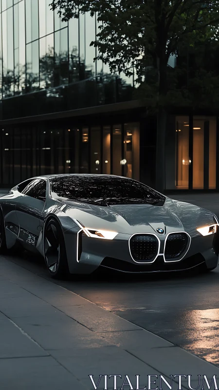 Futuristic BMW concept coupe glides past glass city towers.