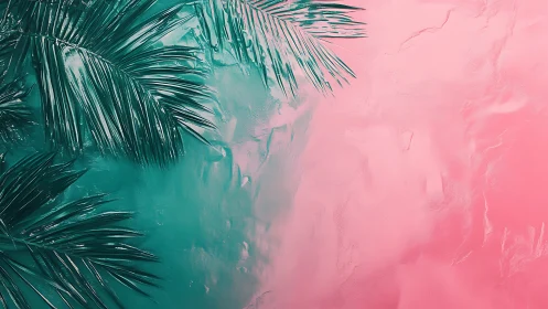 Glossy teal palm fronds against textured pink gradient surface