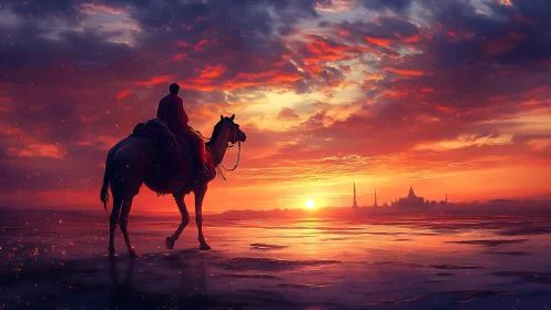 Silhouetted rider on horse against coastal sunset skyline.