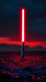 Red energy blade glows over dark volcanic landscape.