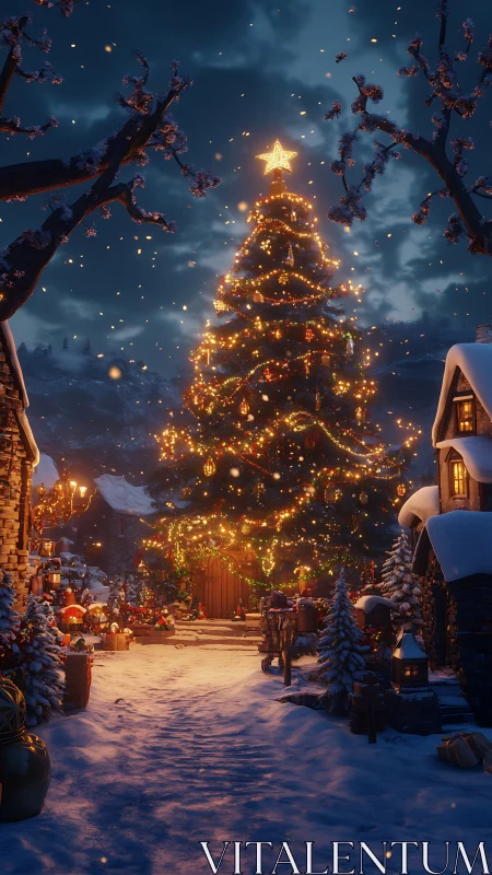 Starlit village Christmas tree blazing in snowfall hush.