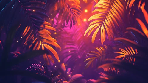 Neon jungle glow with dreamy gold fireflies at dusk.