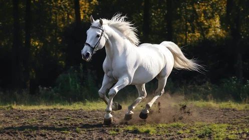 White horse charges across sunlit forest edge field.