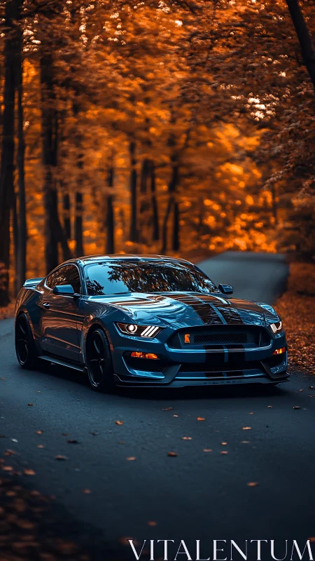 Photoreal sports coupe on winding autumn forest roadway.