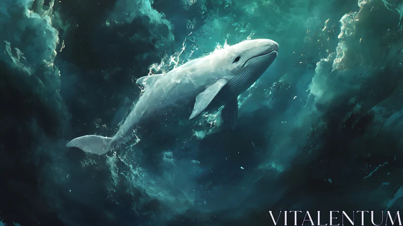 Digital painting of a luminous whale in turbulent teal seas.