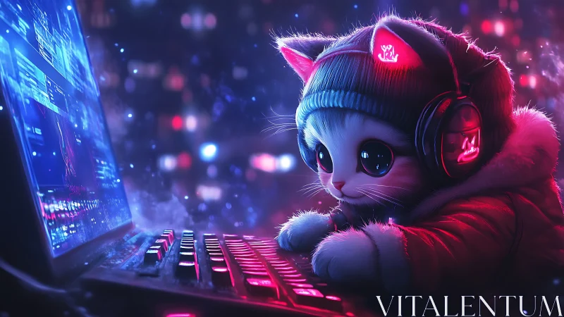 Cat gamer character sits at glowing keyboard and monitor