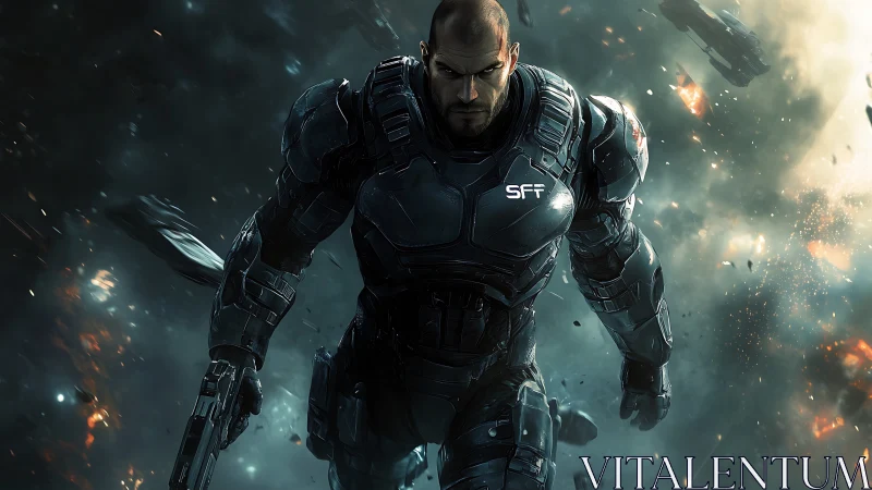 Armored space soldier advances through explosive battlefield.