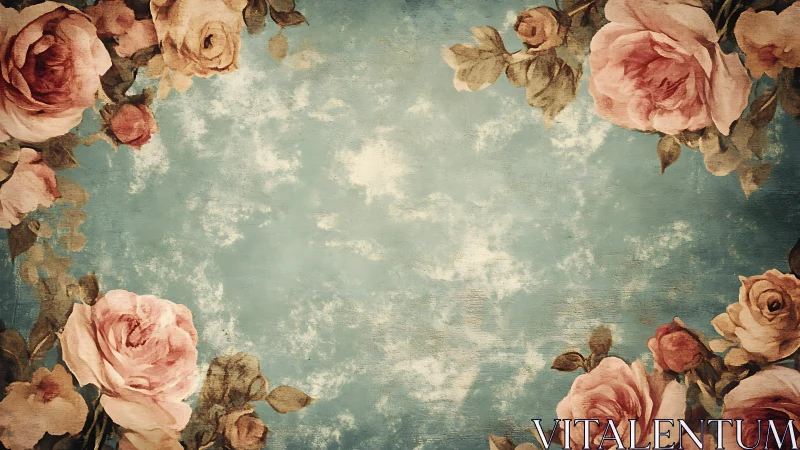 Vintage rose border with distressed blue sky center.