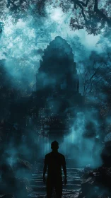 Silhouetted explorer approaches mist-shrouded jungle temple at dusk