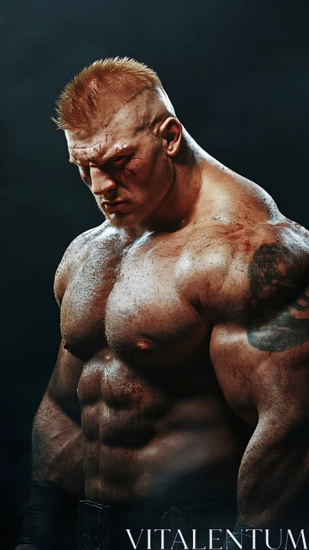 Battle-scarred titan broods in smoky gladiator spotlight.