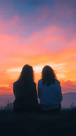 Two friends sit watching vivid sunset sky in silence.