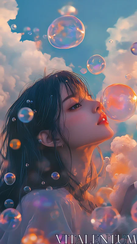 Dreamy anime girl gazes at glowing bubbles in sunset sky