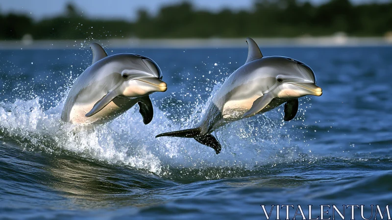 Pair of dolphins leaping through ocean waves at speed.
