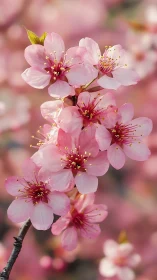 Prunus flowering branch with clustered pink blossoms.