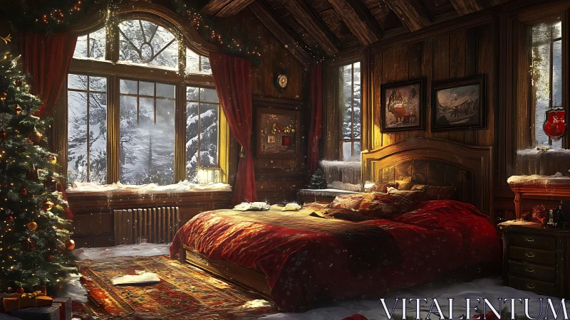 Snowlit rustic bedroom wrapped in warm Christmas glow.