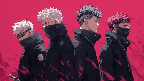 Four masked anime fighters stand united against vivid red.