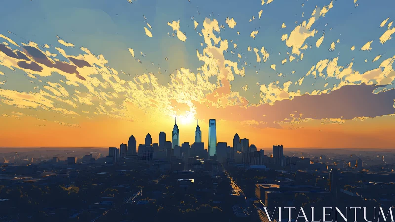 Golden sunrise pours warmth over a peaceful city skyline