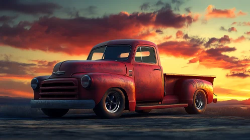 Red vintage pickup truck parked on open road at sunset.