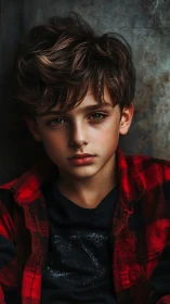 Young Boy Portrait in Red Plaid Shirt.