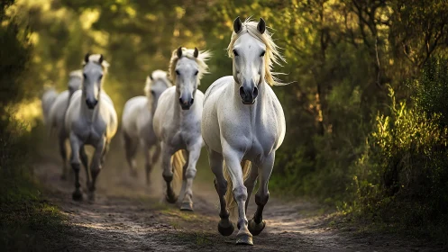 White horses running through forest path at golden hour.