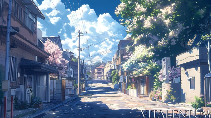 Sunny residential street ascends between houses and trees