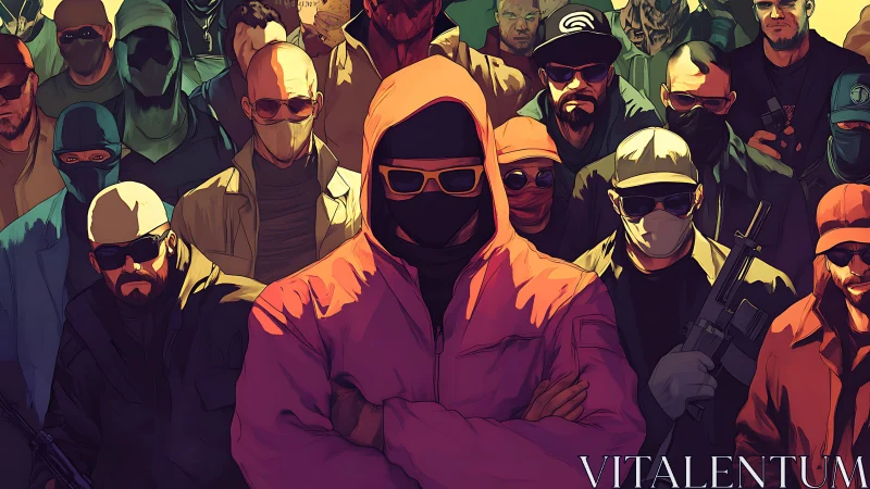 Masked crowd in tinted light with central hooded figure.