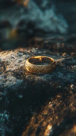 Golden engraved ring rests on rugged stone in warm dusk light