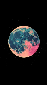 Neon lunar sphere suspended in deep cosmic void.