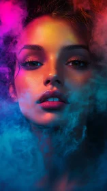 Neon lit female portrait surrounded by colorful smoke clouds.