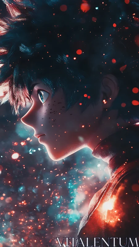 Stardust drifts as the focused young hero studies the glow