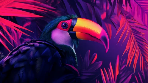 Neon tropical toucan glows within electric jungle foliage.