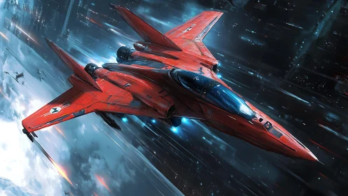 Scarlet starfighter cuts through a glowing futuristic skyline
