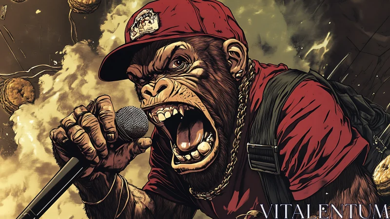 Anthropomorphic chimpanzee vocalist in cap holding microphone.