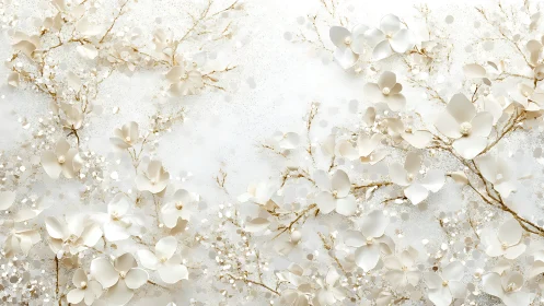White floral branches with layered blossoms on pale field.