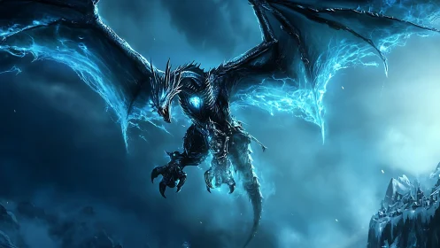 Electrified ice dragon descends over a stormy frozen abyss