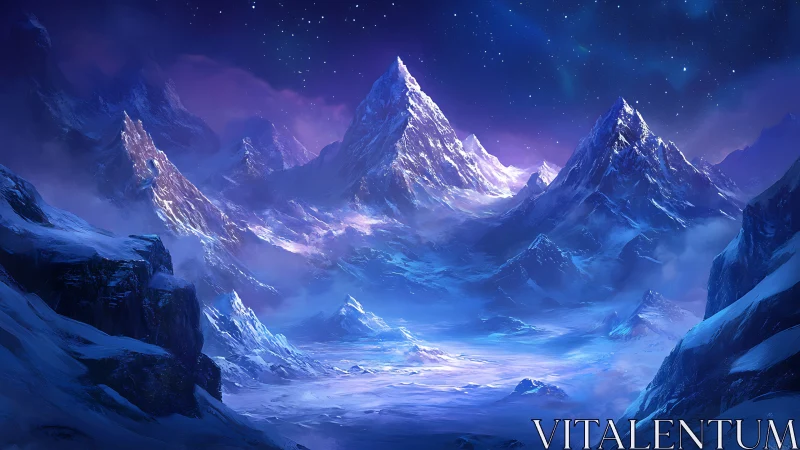 Glacial mountain basin under auroral starlight in digital render