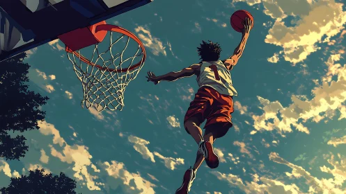 Skyline slam dunk under sunlit clouds of summer glory.