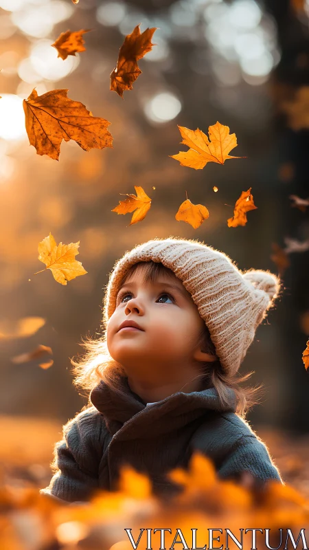 Small child watches falling autumn leaves in warm golden light
