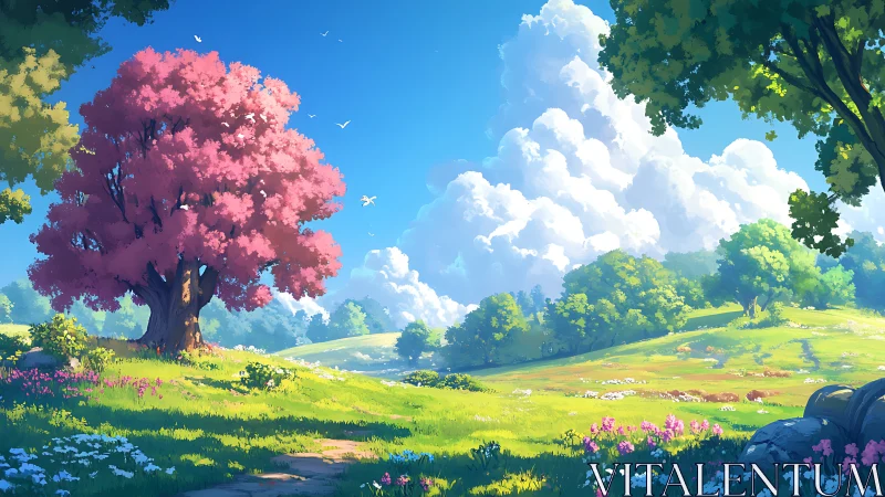 Vibrant pink tree dominates a sunlit pastoral valley scene