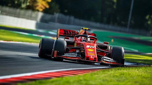 Scarlet Formula 1 car slicing through a sunlit chicane.